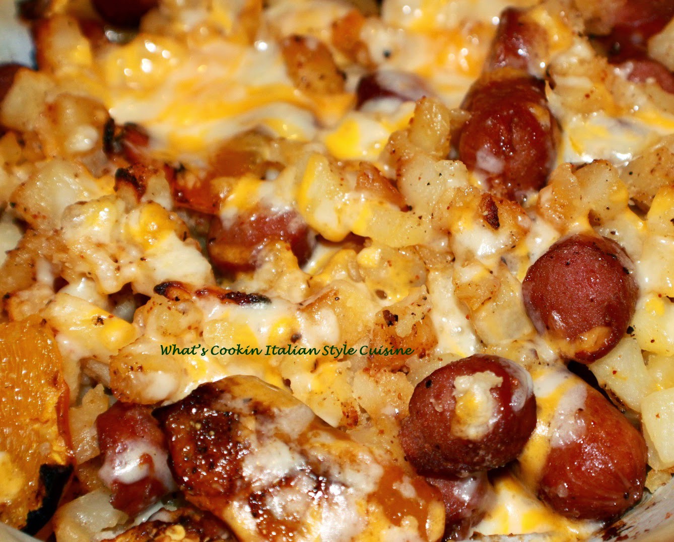 Cheesy Frankfurters Potatoes and Peppers Recipe What's Cookin