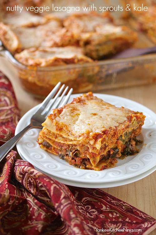 Nutty vegetarian lasagna with sprouts and kale
