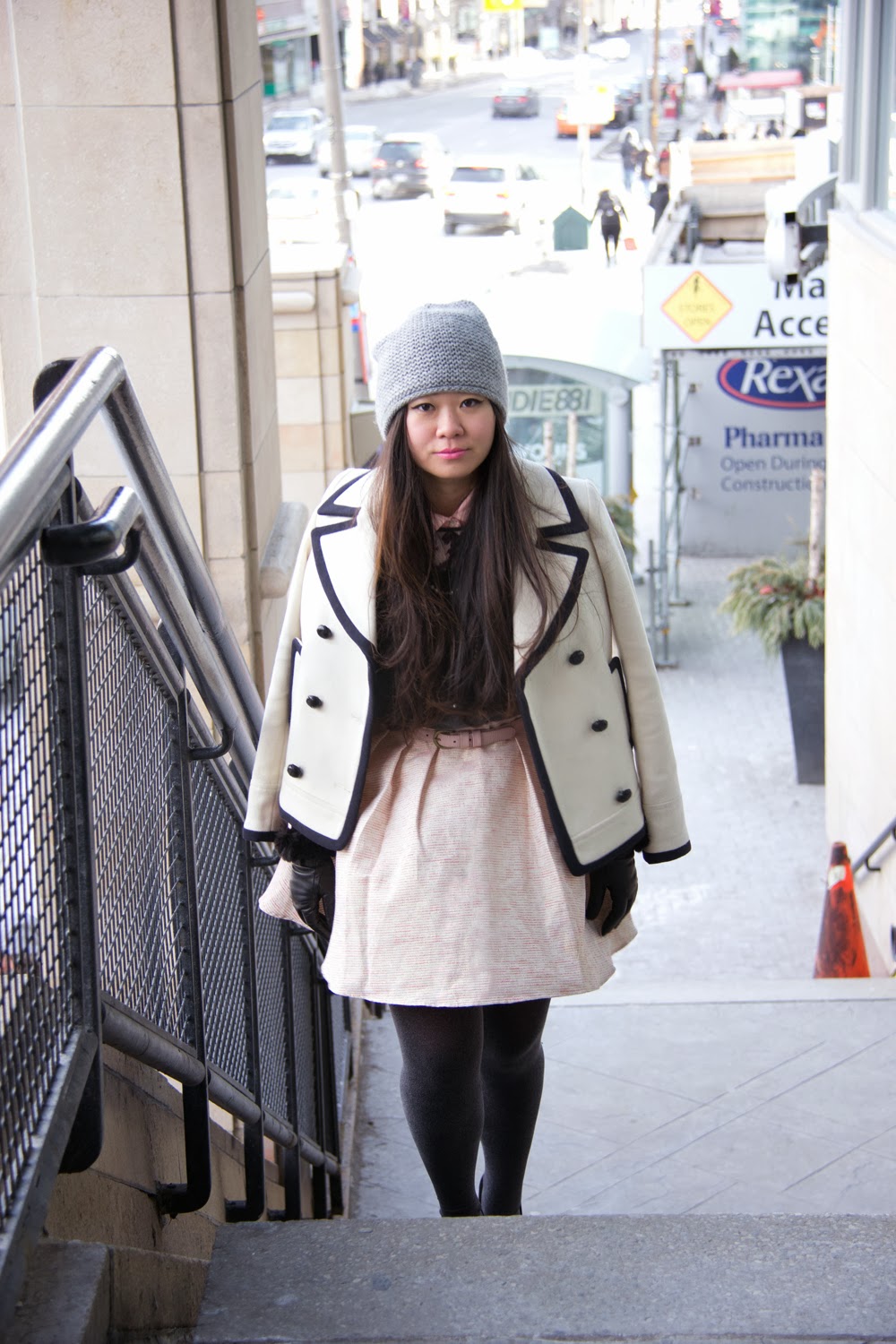 JCrew-Navy-and-White-Peacoat, Pastel-Pink-Skater-Skirt, LeChateau-Gloves