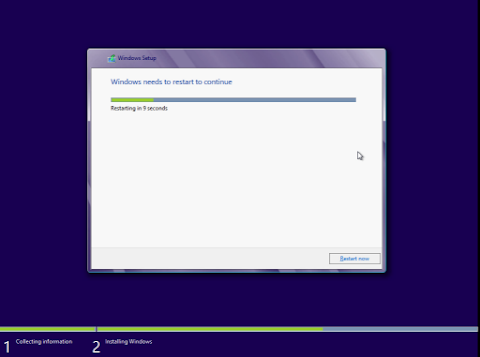Instalasi Windows 8 me-restart Komputer secara otomatis, klik Restart now jika tidak sabar.