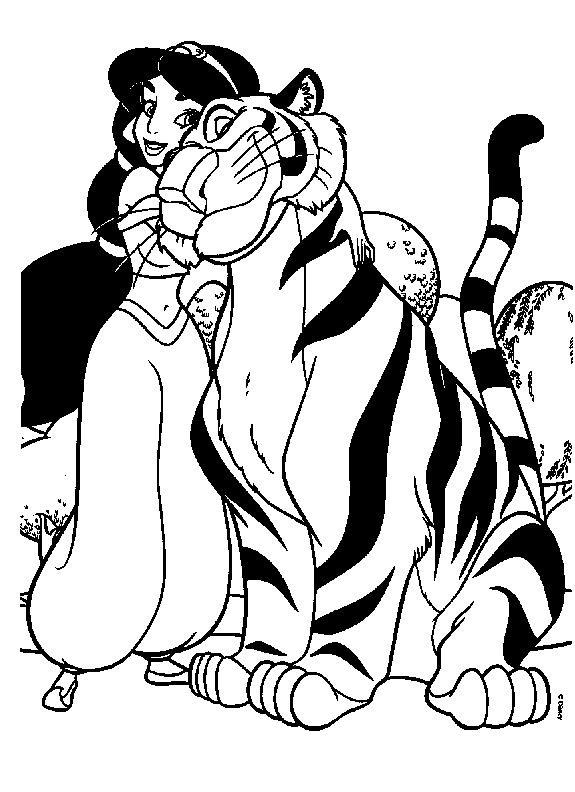 Coloring Sheet Princess Jasmine With Tigers And Birds