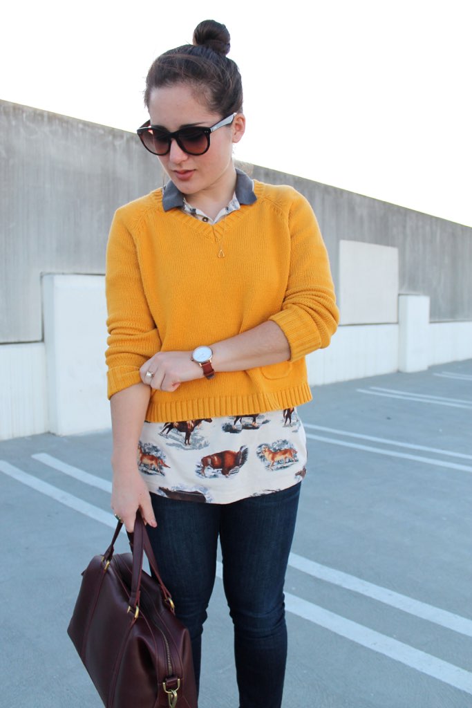 casual spring outfit: polo + sweater + skinny jeans