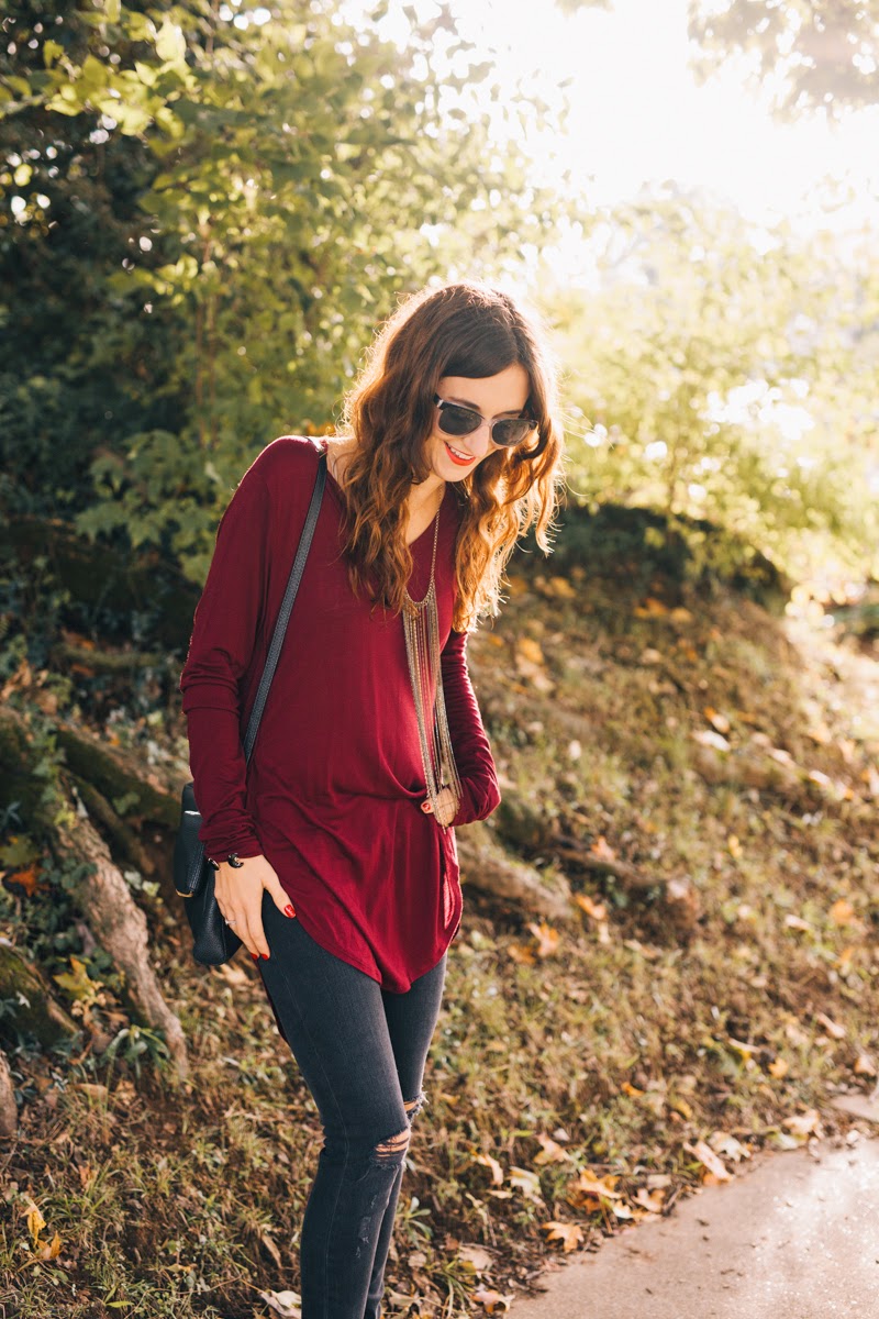 rag and bone jeans, sam edelman booties, booties with silver details, kate spade crossbody, kate spade cobble hill, black kate spade purse, circus by sam edelman, fringe necklace, dkny sunglasses, maroon top, fall fashion, fall style 2014