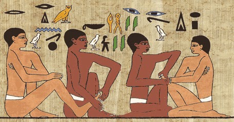 a mural painting of a doctor's grave in about 2200 BC. Massage of hand and foot.