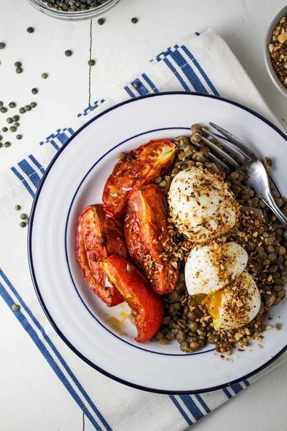 Lentils, Roasted Tomatoes, and Dukka-Crumbed Eggs recipe via Katie at the Kitchen Door