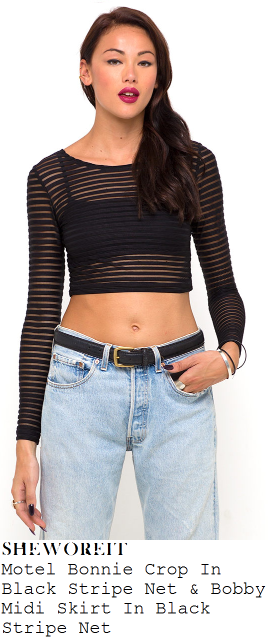rochelle-humes-black-striped-mesh-long-sleeve-crop-top-and-pencil-midi-skirt-co-ords