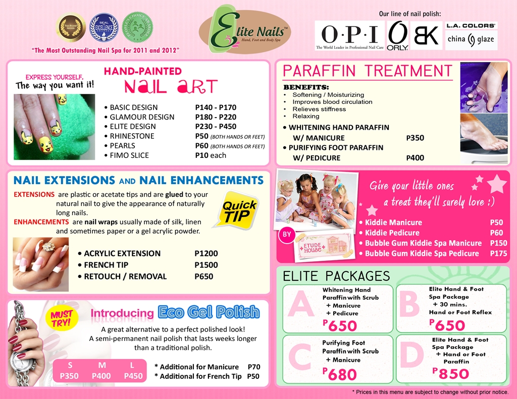 Elite Nails Hand, Foot and Body Spa Spa Menu / Services