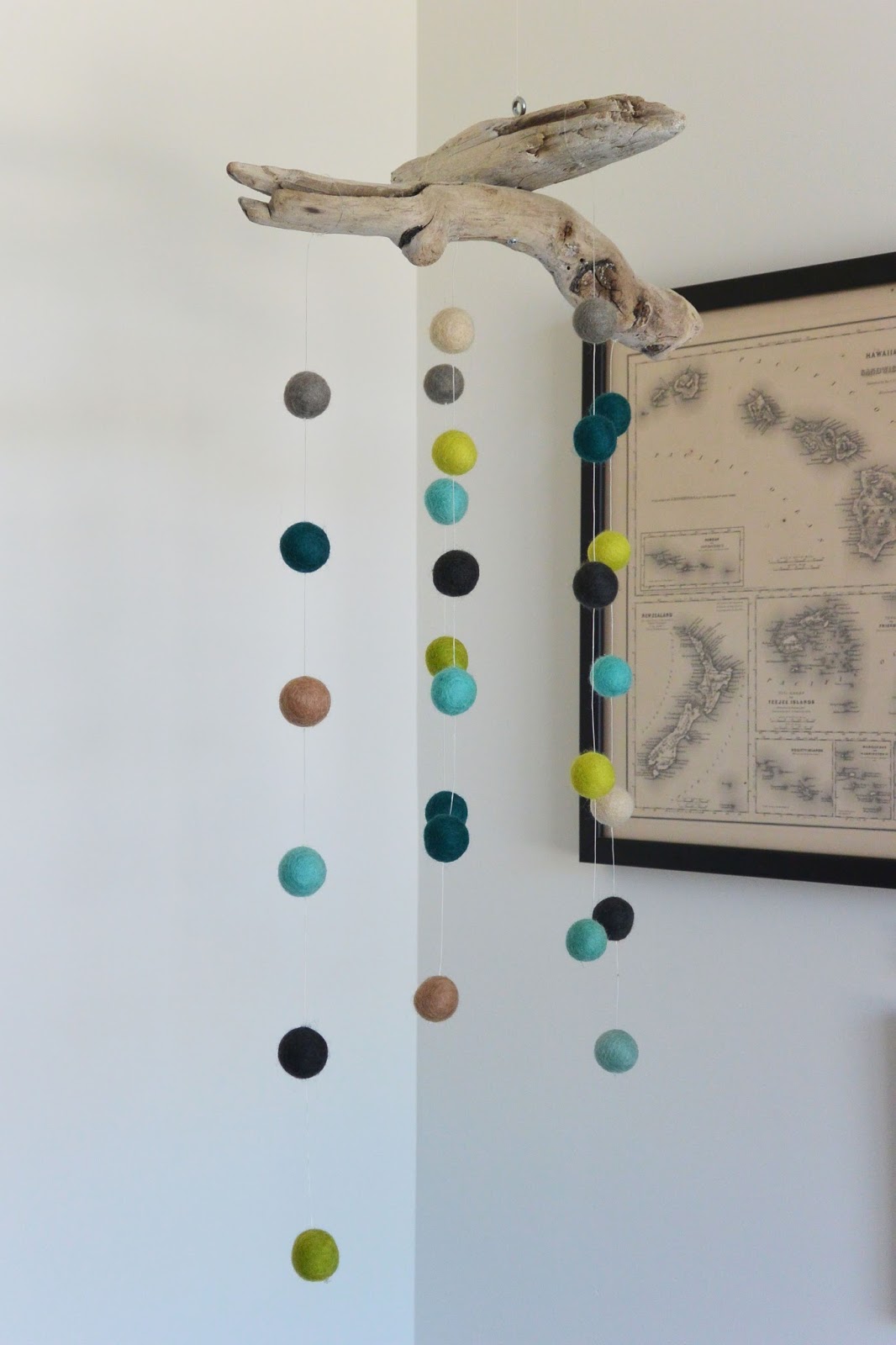 DIY Driftwood and Felt Ball Mobile Stripes and Whimsy