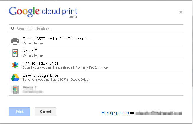 Google Cloud Print Screen