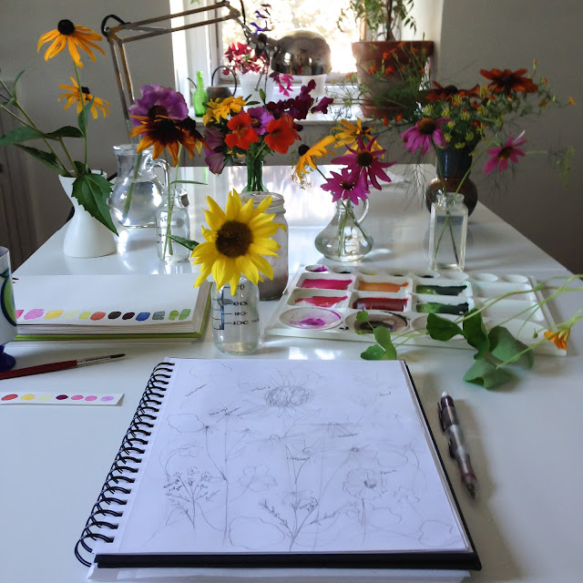 summer flowers, garden flowers, studio, painting table, painting palette, watercolor palette, sketchbook, Anne Butera, My Giant Strawberry