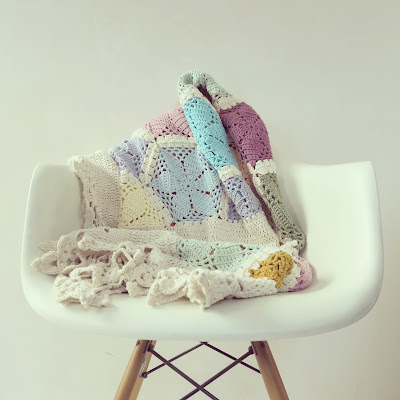 ByHaafner, crochet, hexagon throw, blanket, pastel, crochet border. Eames chair