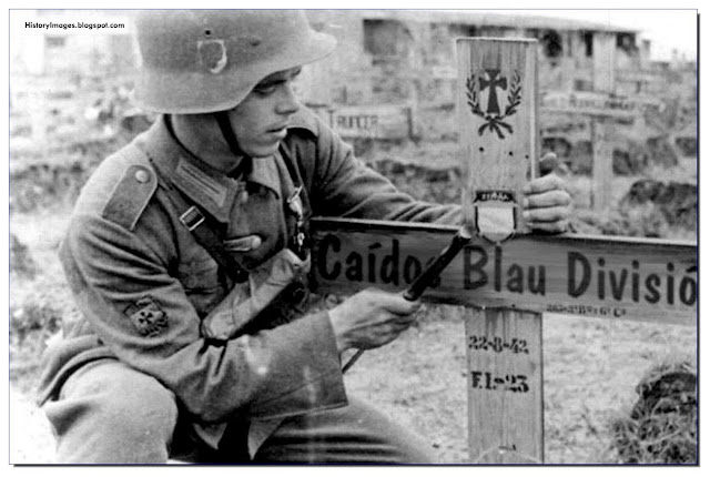 Franco did not officially involve Spain on the Axis side, but Spanish volunteers did fight in the Wehrmacht. It was called the "Blue Division"(the 250th infantry division). Here a soldier is seen by the grave of a comrade