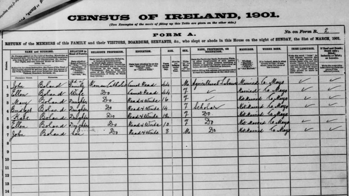 A Journey into the Past 1901 Census Record From Killala County Mayo Ireland Boland Family