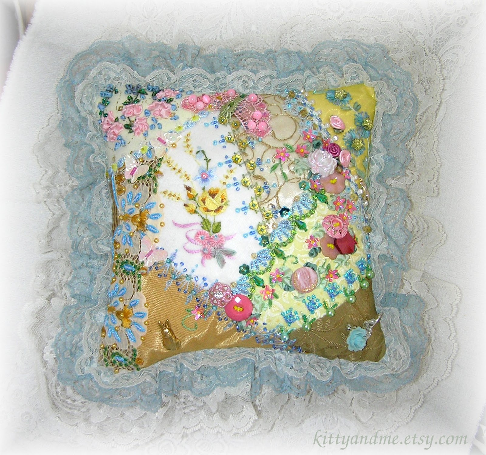 Kitty And Me Designs Yellow Crazy Quilt Pillow
