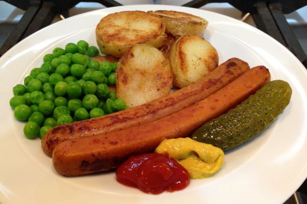 Toro vegan sausages served with fried potatoes