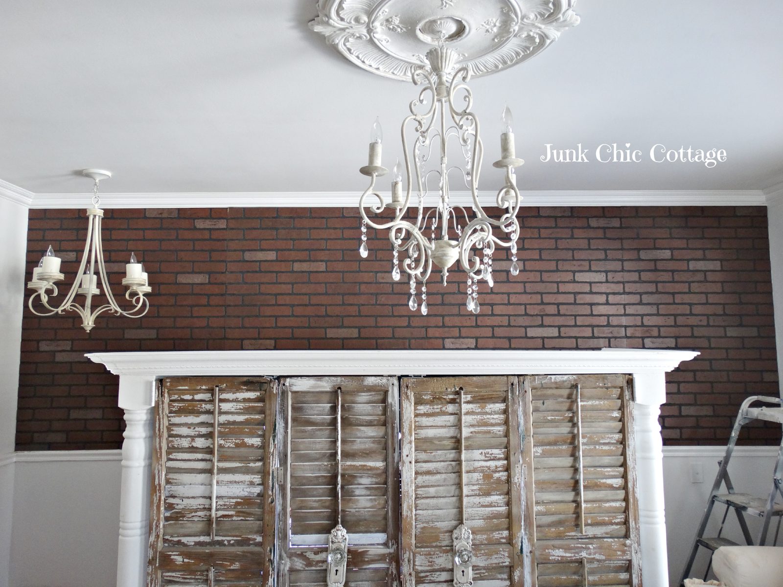 Junk Chic Cottage Faux Brick Wall Living Room Here Is The Grandma S Basement Faux Brick Panels From Menards They Come In 4x8 For Around 22 This Half Wall Took 3