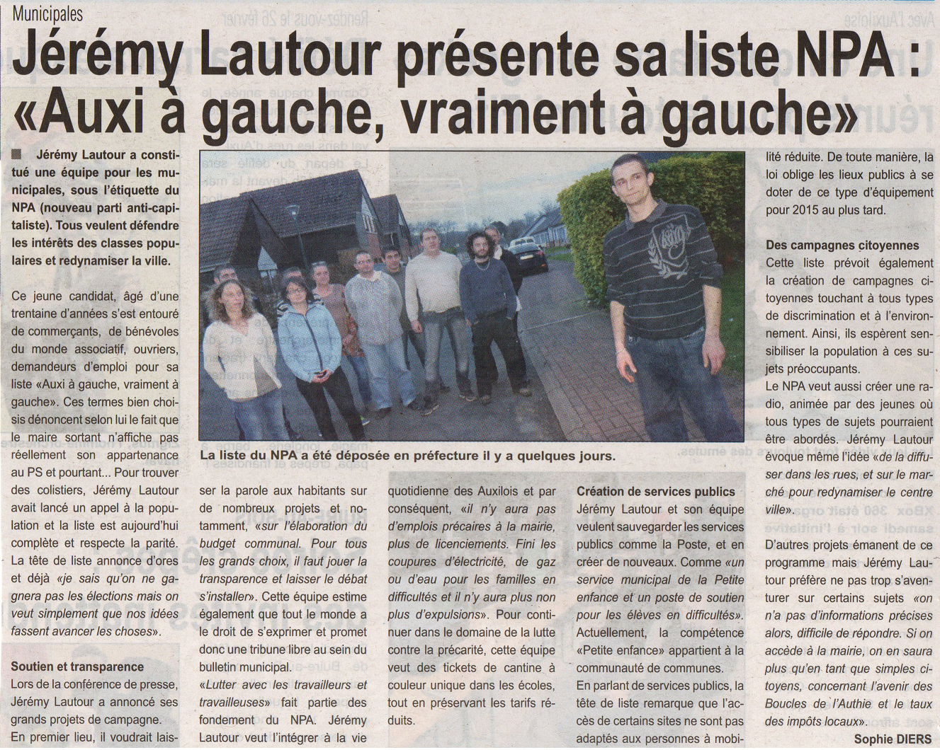 Article de " l'Abeille de la Ternoise" du 20 février 2014 : " Jérémy Lautour présente sa liste NPA