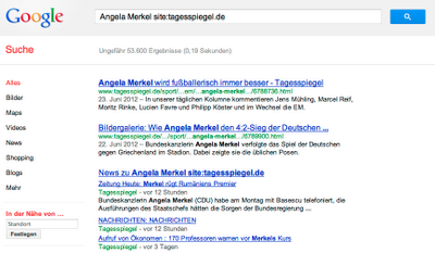 Darstellung der Sucheingabe Angela Merkel und die Einschraenkung auf den Tagesspiegel mit dem Befehl site:tagesspiegel.de