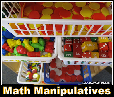 Math Manipulatives: Housed together on Math shelf in bins + baskets (from article on classroom organization) photo of: Math Manipulatives: Housed together on Math shelf in bins + baskets (from article on classroom organization)