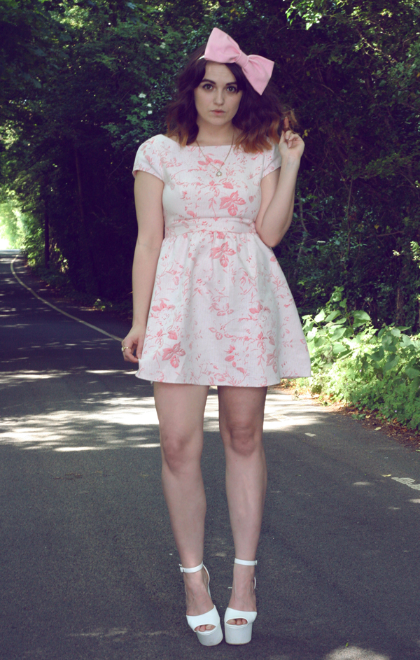 uk fashion style, dahlia fashion tapestry floral Jacquard dress styled with pink bow, vintage opal gold necklace, white platform wedges and a huge pink hair bow from roses and clementines, a tea party look, inspired by alice in wonderland, through the looking glass uk fashion style, dahlia fashion tapestry floral Jacquard dress styled with pink bow, vintage opal gold necklace, white platform wedges and a huge pink hair bow from roses and clementines, a tea party look, inspired by alice in wonderland, through the looking glass