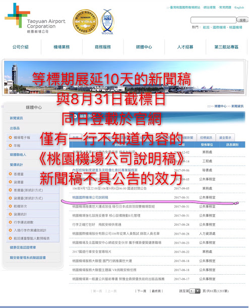 標案宣布等標期展延10天的新聞稿,與8月31日截標日,同一天登載於桃園機場公司官網,但標題還看不到展延資訊及標案名稱。 標案宣布等標期展延10天的新聞稿,與8月31日截標日,同一天登載於桃園機場公司官網,但標題還看不到展延資訊及標案名稱。