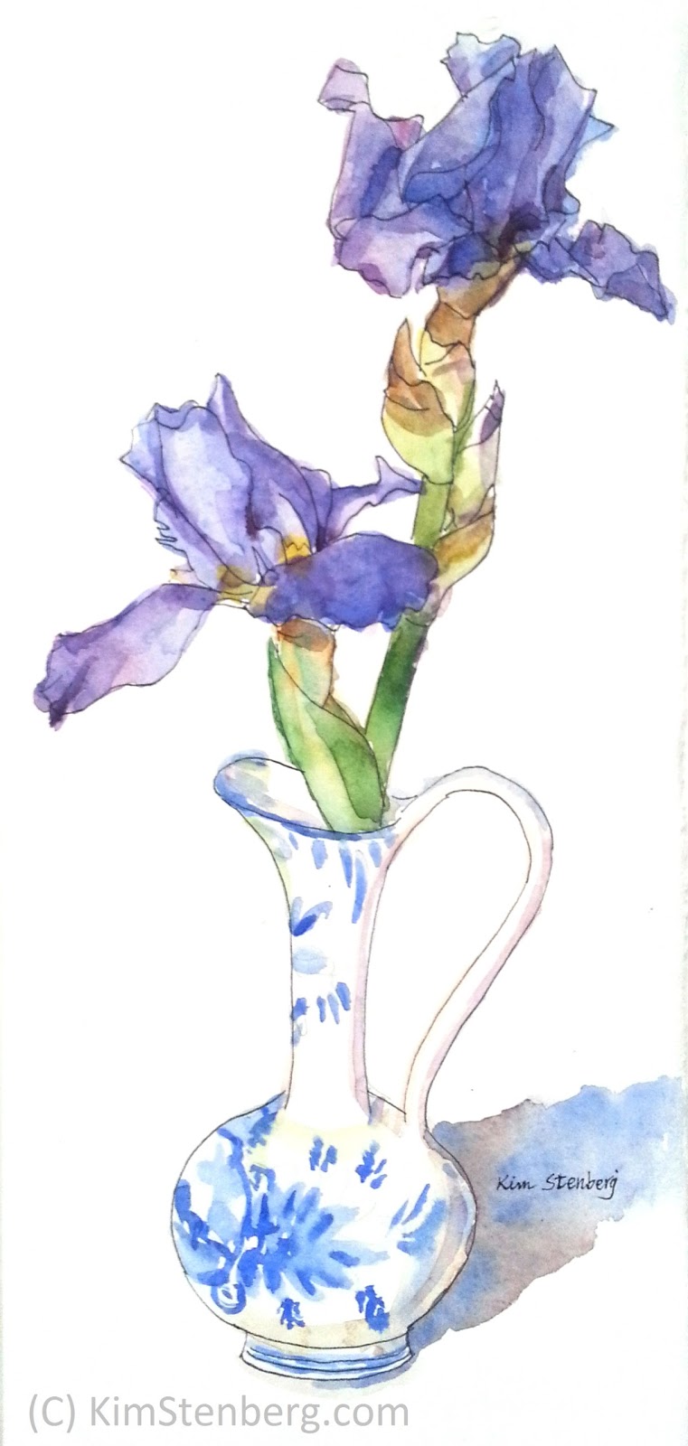 Kim Stenberg's Painting Journal "Purple Irises in Dutch Vase" (pen and wash; 11" x 5")