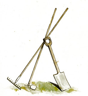 drawing of a rake, hoe, and shovel standing up