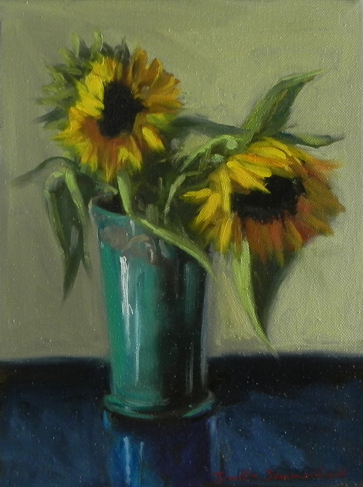 Jonelle Summerfield Oil Paintings Sunflowers In Blue Vase