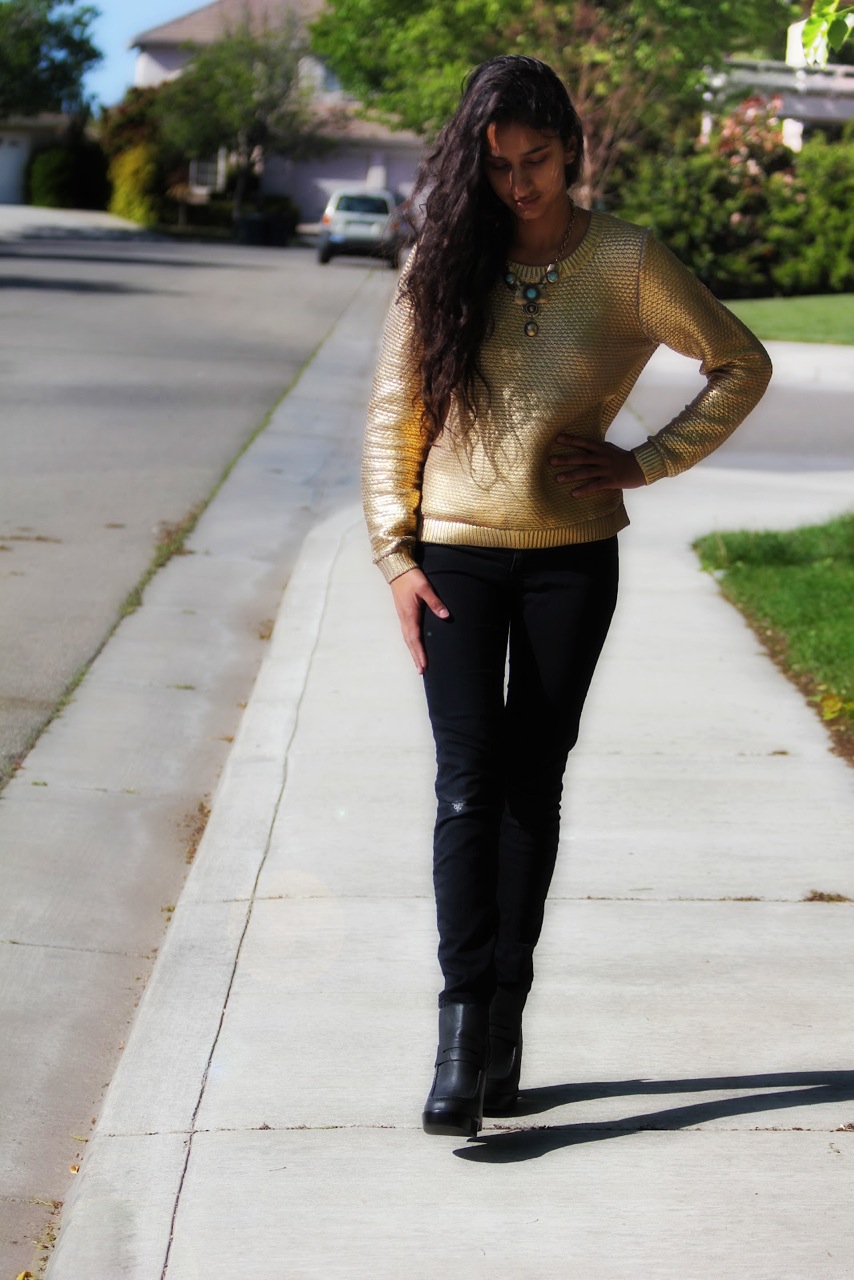 Unconfined Aspirations Gold sweater.