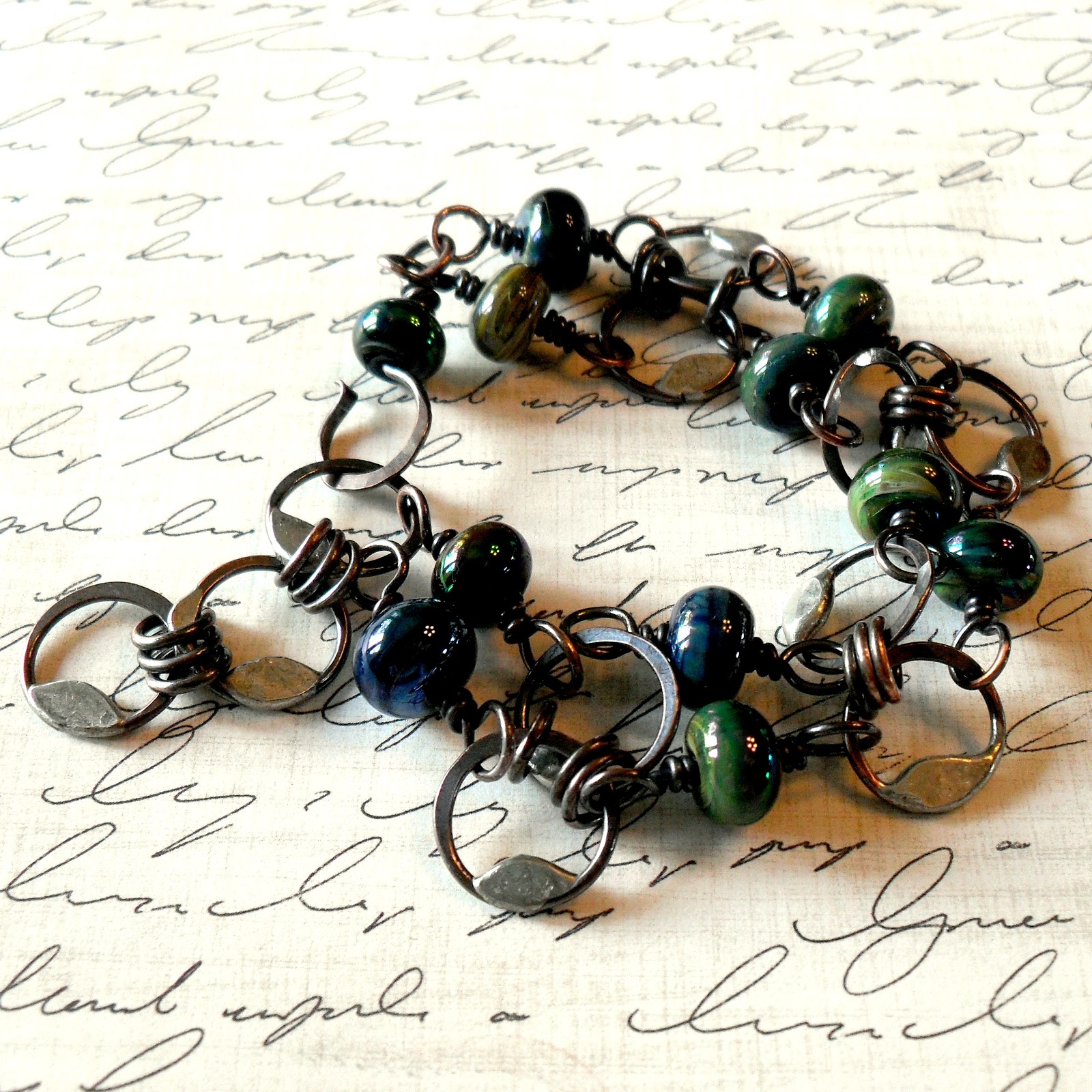 Copper, Glass and Recycled Trash Soldered Loop Bracelets