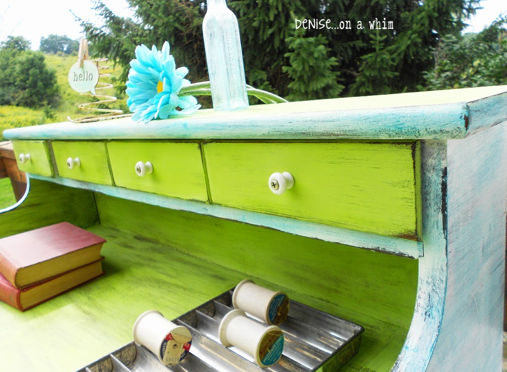 Lime Green and dry-brushed Teal furniture makeover by Denise On a Whim