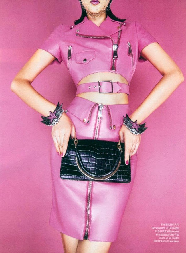 Moschino SS15 Barbie Pink Cropped Biker Perfecto Jacket With Leather Pencil Skirt Editorials