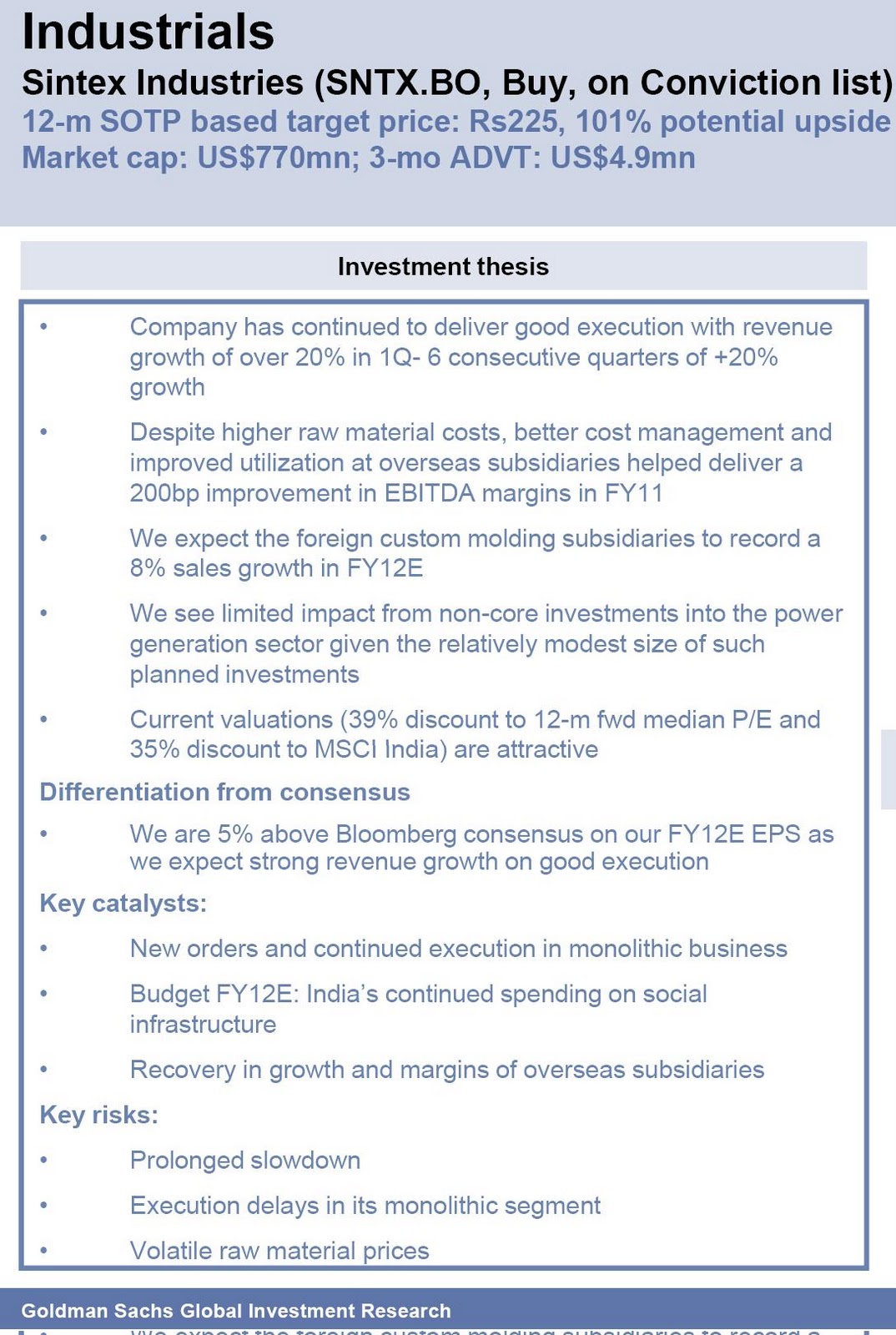 India Equity Research Conviction Buy Sintex Goldman Sachs Top Pick October 11