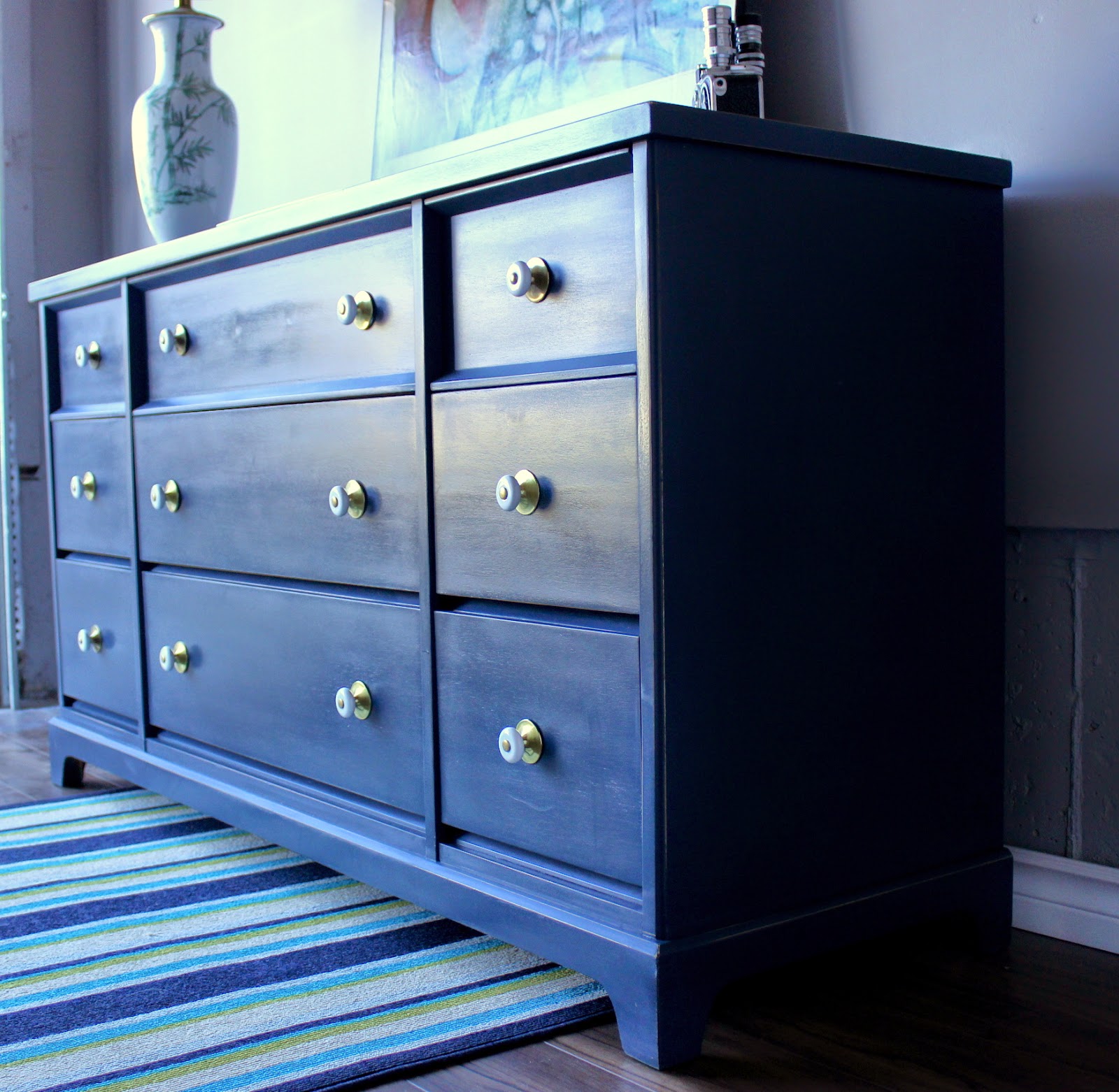 Retiqued by Rae Bond Navy Dresser with Added Hardware