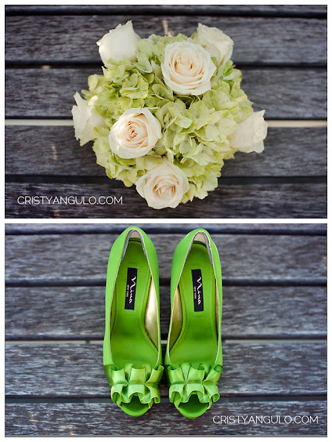 White rose bouquet; green wedding shoes; Copyright 2012 www.cristyangulo.com