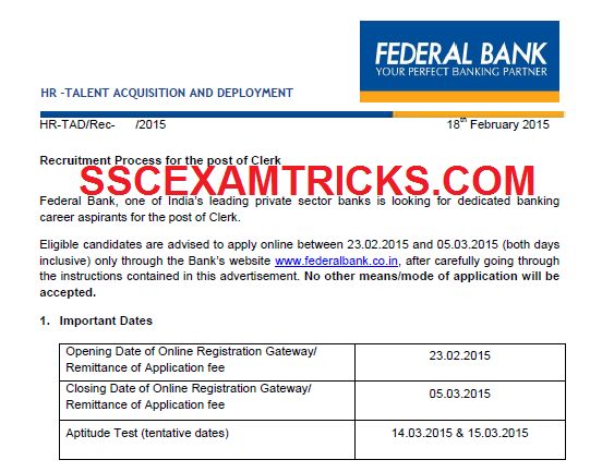FEDERAL BANK CLERK VACANCIES 2015