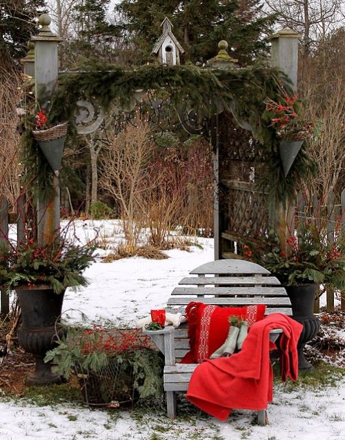 winter garden with red blanket