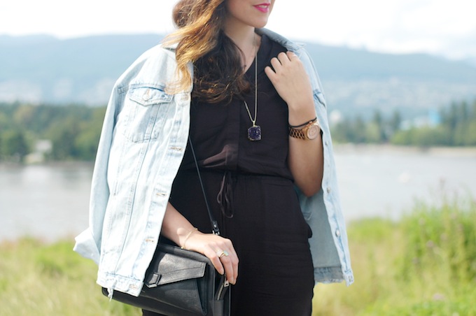 Forever 21 jumpsuit, Zara oversized denim jacket and a Proenza Schouler clutch are combined in the latest outfit post by Vancouver fashion blogger Aleesha Harris of Covet and Acquire.
