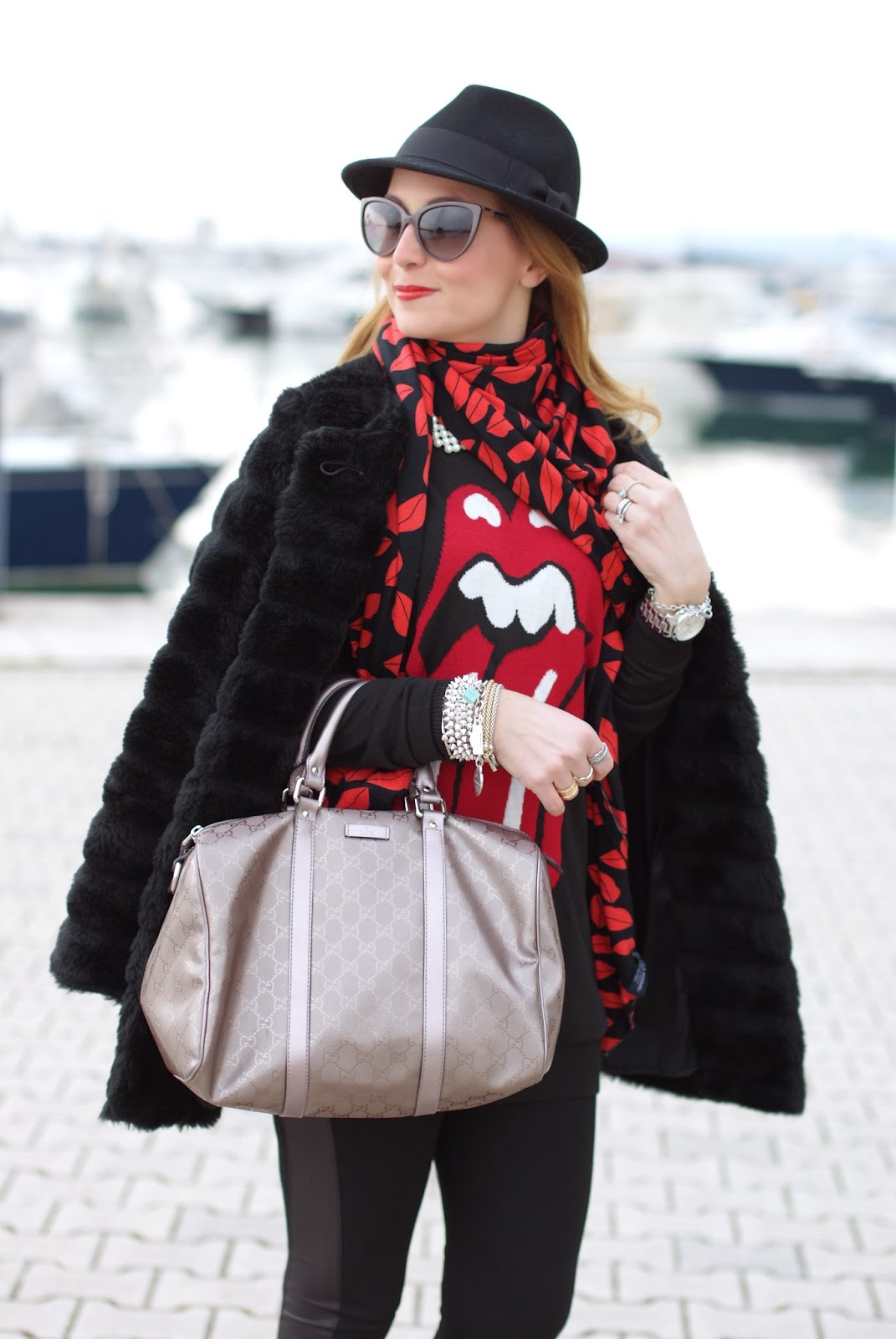Persunmall red lips and tongue long sweater, Zara lips scarf, Gucci joy bag, Fashion and Cookies, fashion blogger