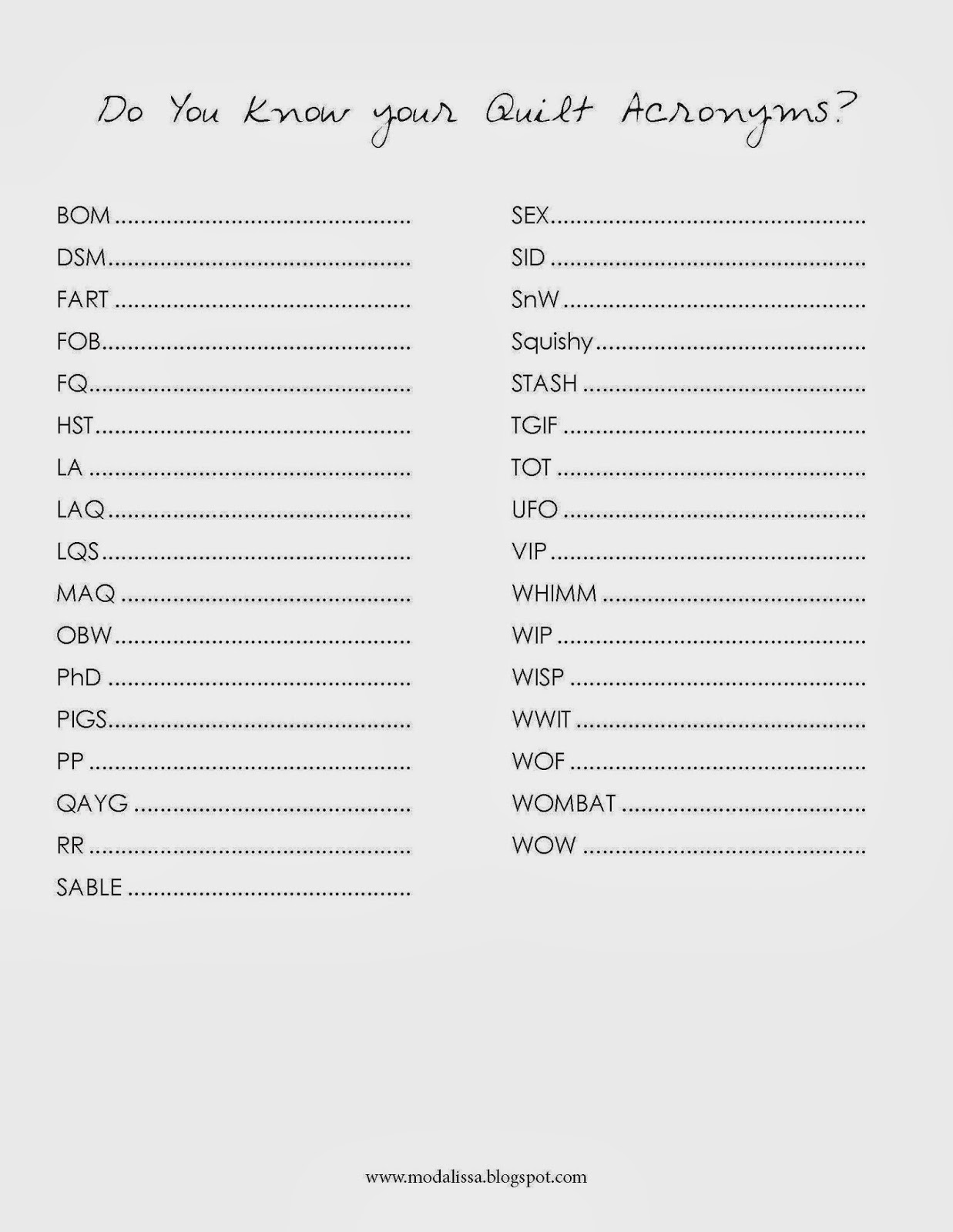 Moda Lissa Quilt Acronyms