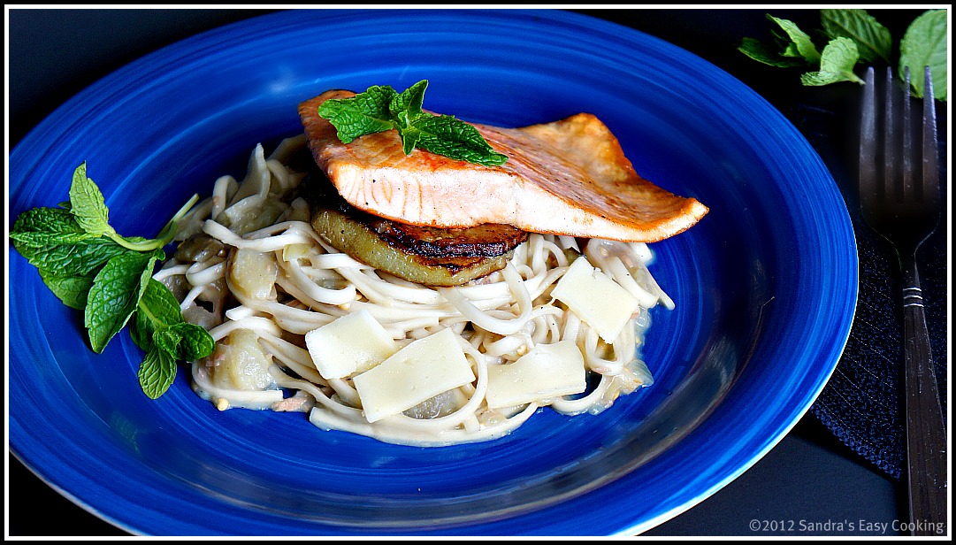 Linguine in Tuna & Eggplant Sauce, Topped with Grilled Salmon