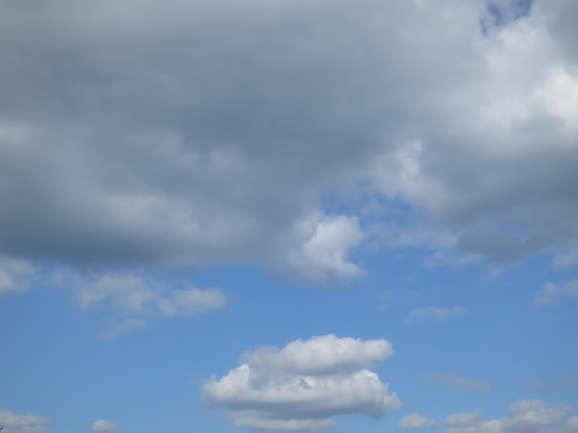 Cloud and clouds in blue but darkening sky.