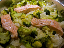 Salmon braised with Cabbage Broccoli and Leek