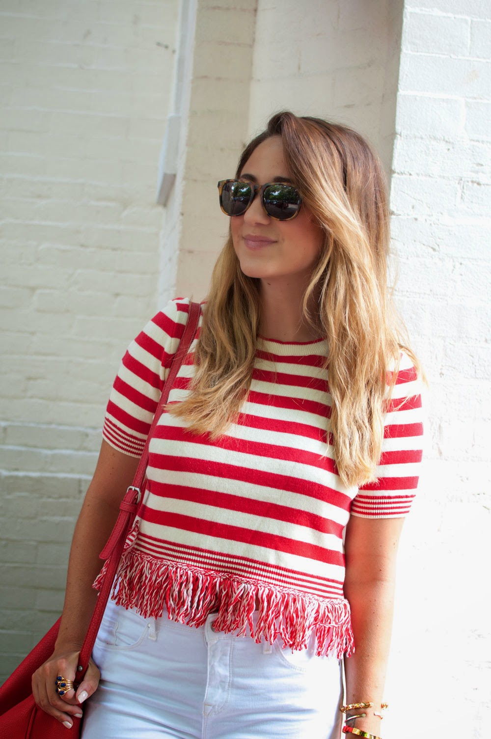 red and white stripes, striped shirt, fringe shirt, topshop shirt, white denim, white jeans, high waisted jeans, jeans with holes, nordstrom, fashion blogger, style blog, dc blog