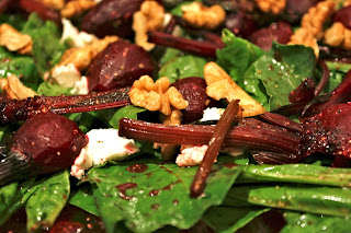 Baby Beet and Goats Cheese Salad with Walnuts and Baby Spinach