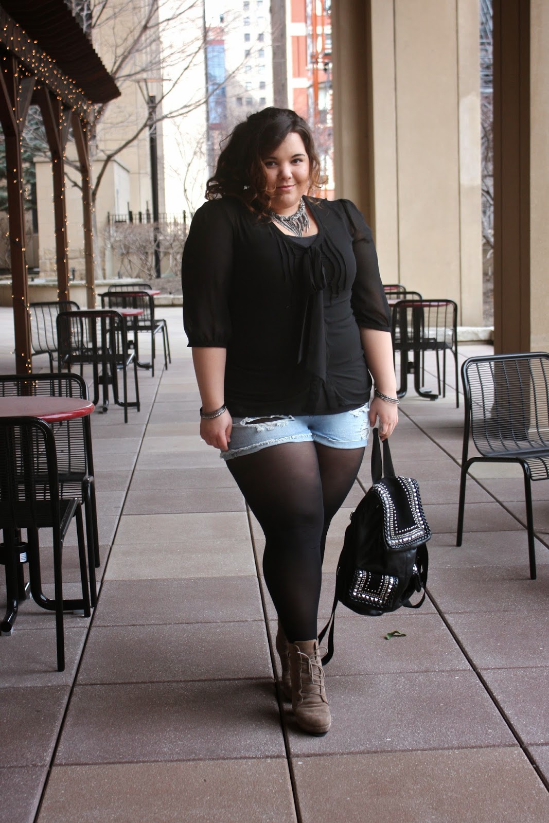ecote boots, urban outfitters, chiffon blouse, chain necklace, blonde, curly hair, ombre, pony tail, ankle boots, studded backpack, shorts, plus size fashion blogger, natalie craig, natalie in the city, chicago blogger network, chicago fashion