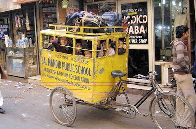 indian school bus, schoolchildren packed into rickshaw
