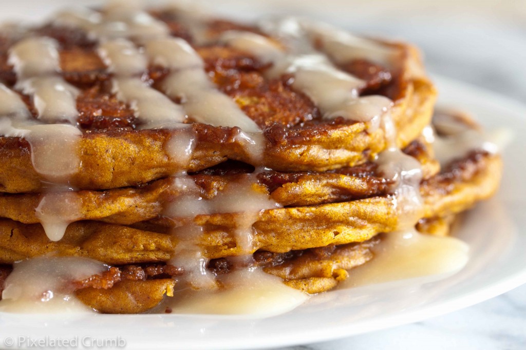 Sunday Brunch Pumpkin Cinnamon Swirl Pancakes with Cream Cheese Glaze