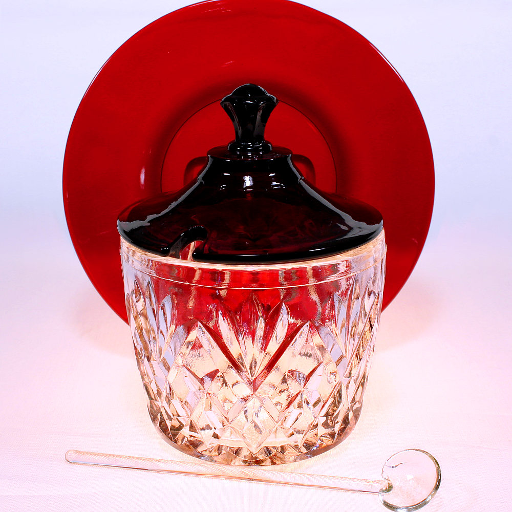 Zoe Designs Vintage Anchor Hocking Jelly Server with Ruby Red Lid and