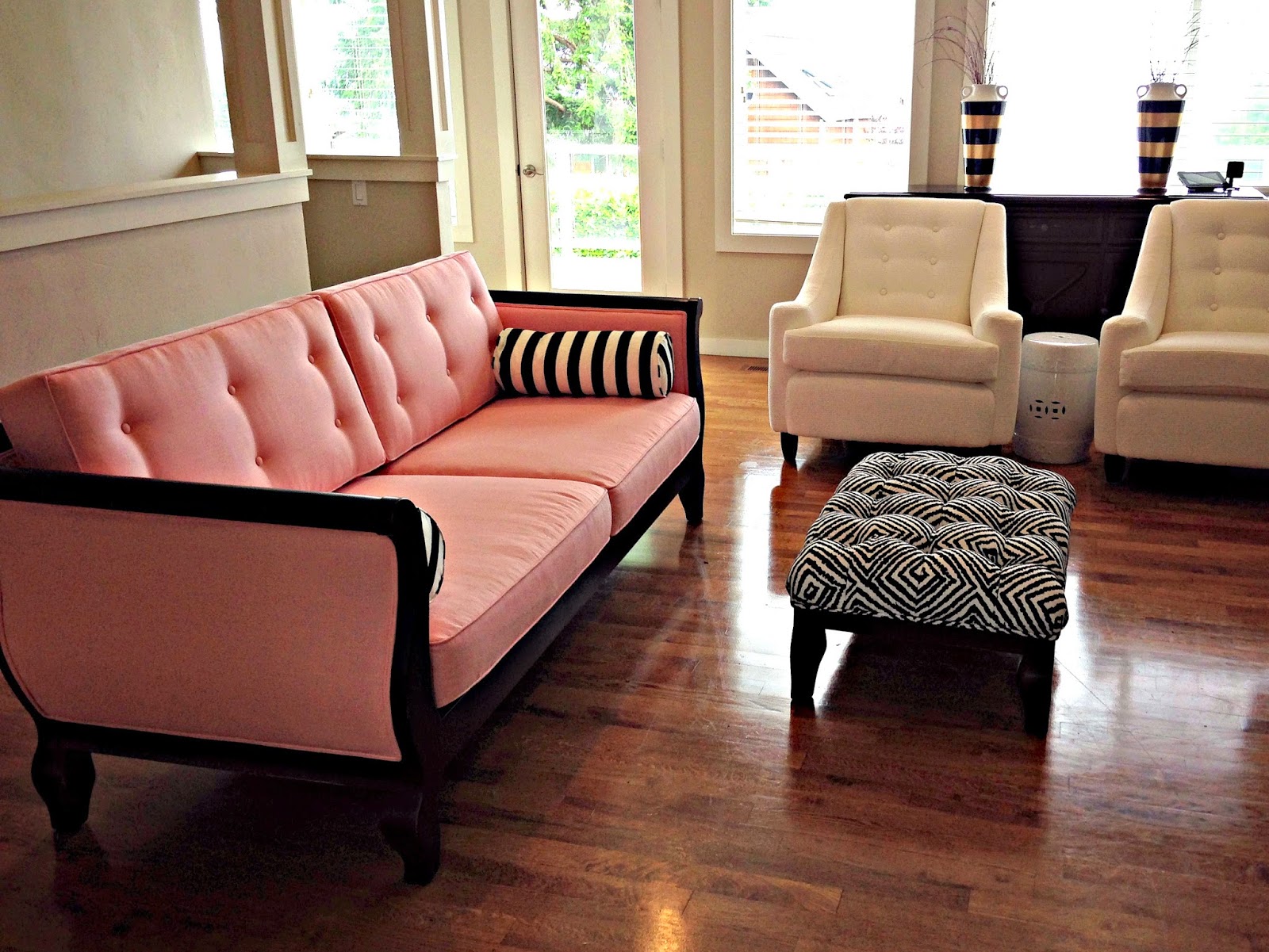 blue roof cabin Custom Upholstered Pink and Black Sofa